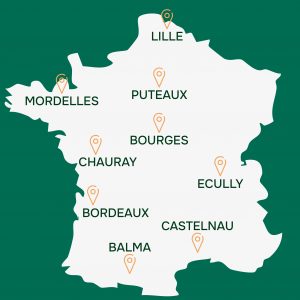 Carte des implantations G2S : Balma, Bordeaux, Bourges, Castelnau, Chauray, Ecully, Lille, Mordelles, Puteaux
